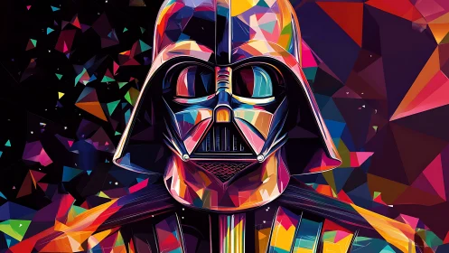 Geometric multicolor helmeted figure on dark polygonal field.