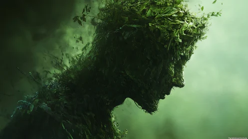 Silhouette of vegetative human figure in green misty space.
