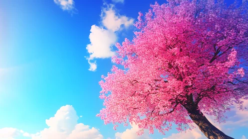 Vibrant cherry blossom canopy under saturated spring sky.