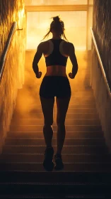 Silhouetted runner climbs stairwell through golden sunrise mist