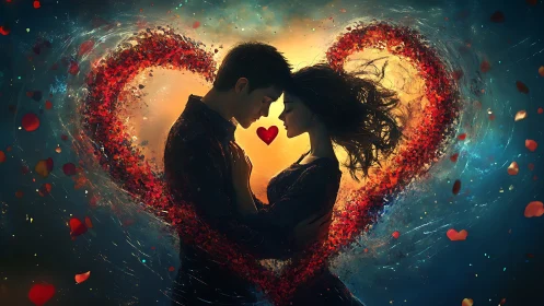 Two figures positioned within large red heart frame against warm light source.