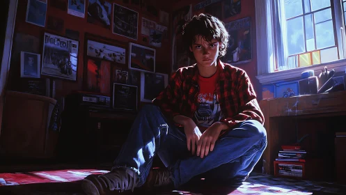 Moody teenage boy in sunlit bedroom packed with posters.