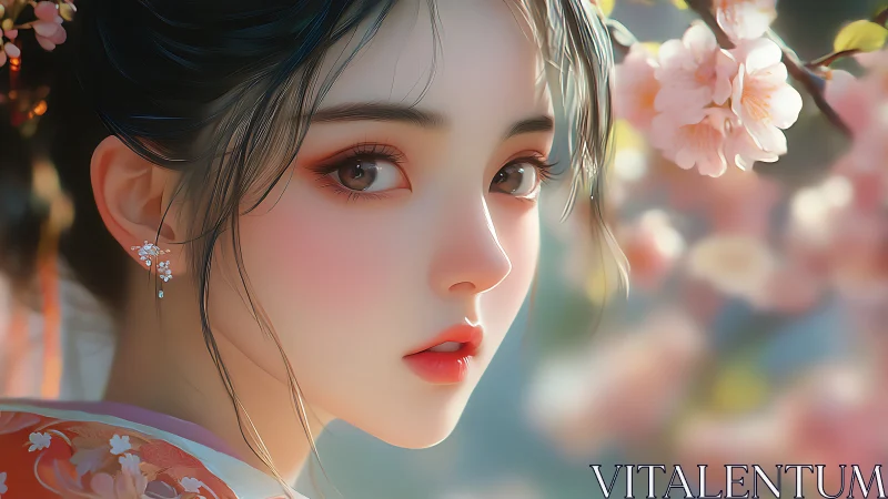Soft-lit anime portrait with cherry blossoms in bloom.