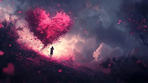 Solitary Figure Among Glowing Pink Hearts.