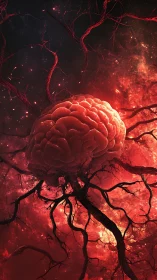 Neural nebula brain suspended in crimson cosmic void.