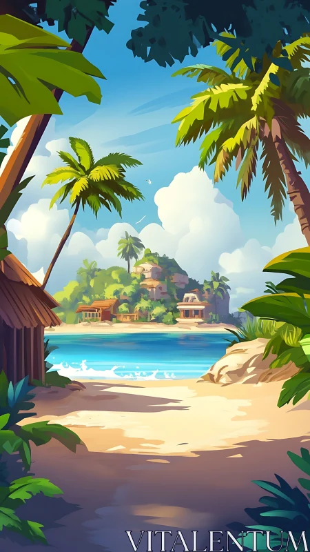 Tropical Beachscape with Architectural Structures and Verdant Foliage.