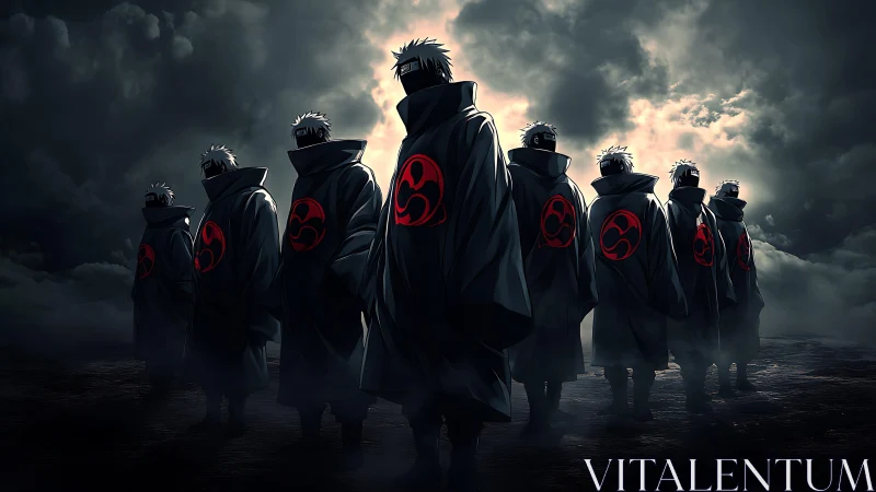 Stormlit line of cloaked warriors advances under turbulent sky