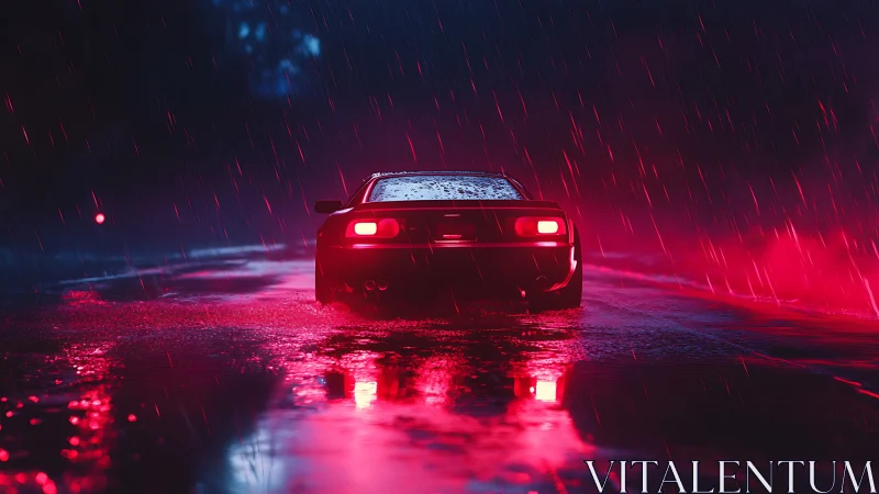 Sports car rear view in neon rain on wet night road.