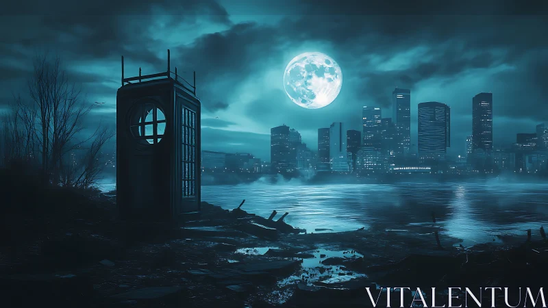 Abandoned riverside phone booth under cyan lunar-lit skyline