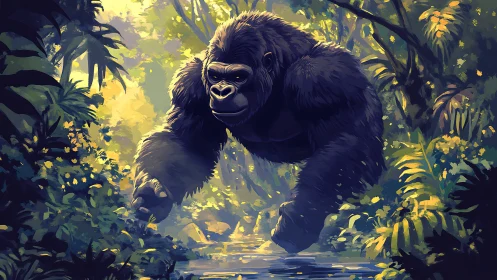Powerful gorilla strides through dense jungle stream.