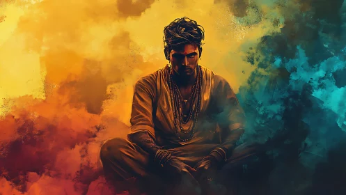 Meditative male figure in warm cyan bicolor atmospheric field