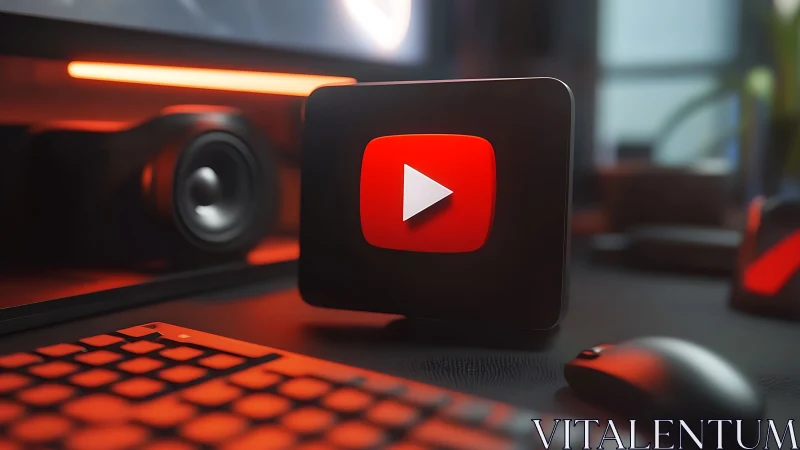 YouTube play icon stands on RGB-lit desktop workstation