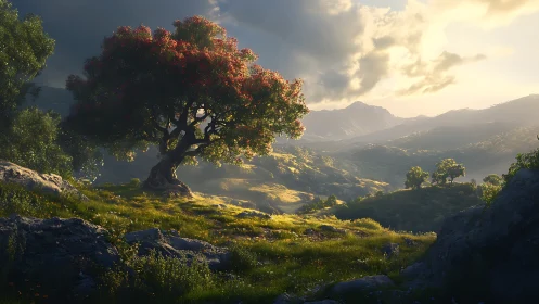 Isolated tree stands on sunlit rocky slope in hilly valley