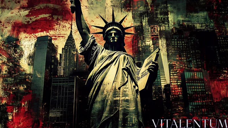 Statue of Liberty against layered urban skyline backdrop.