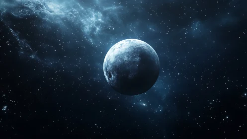 Quiet blue planet drifting through a star-salted night sky.