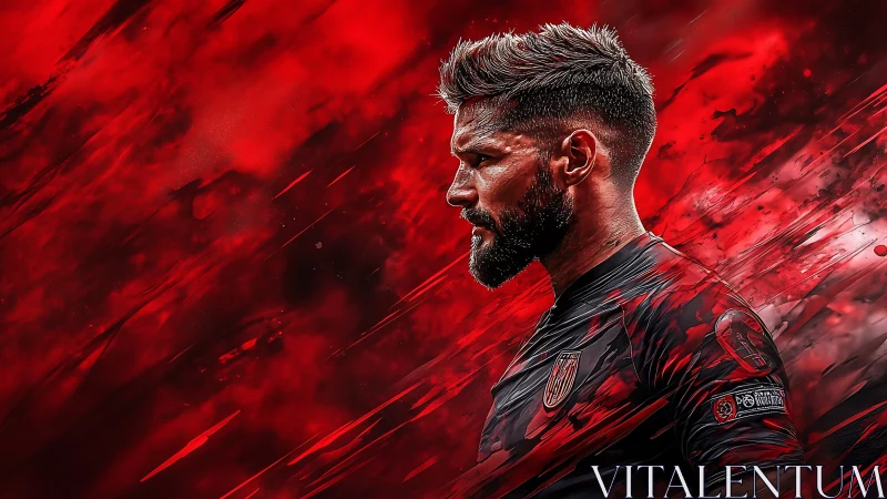 Intense football player profile against red abstract storm.