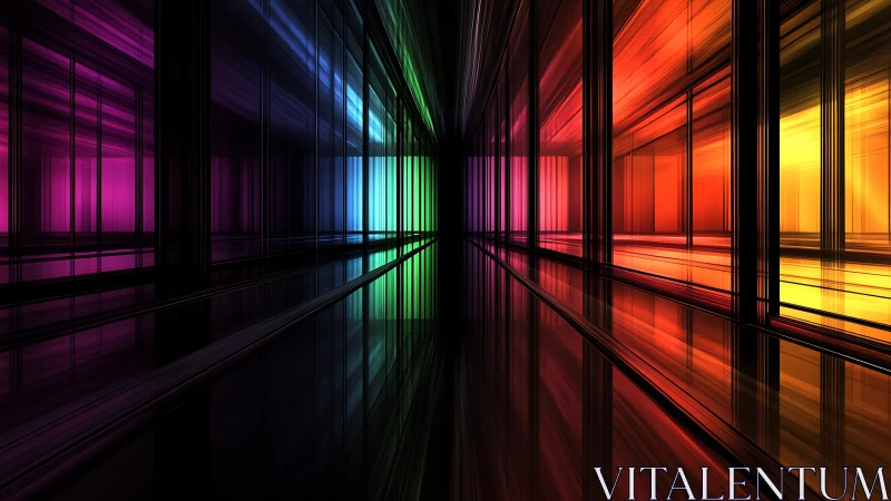 Vibrant geometric corridor with neon rainbow lights and reflections.