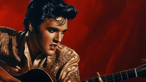 Rock singer portrait with glittering shirt and guitar focus.