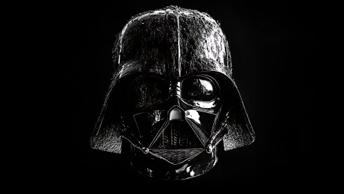 Black sci fi helmet glistens under stark studio lighting
