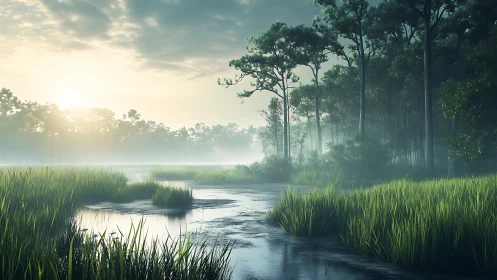 Sunlit wetland marsh renders atmospheric depth with misty light