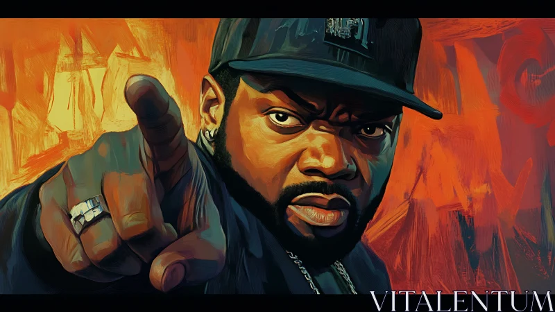 Intense hip hop portrait with pointed gesture, fiery backdrop.