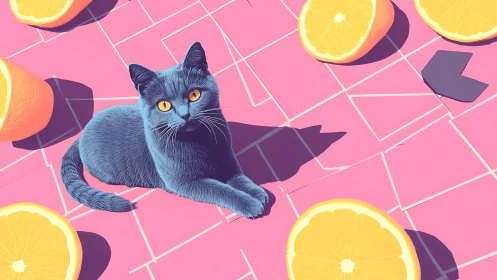 Midnight blue cat lounges among citrus suns on pink tile