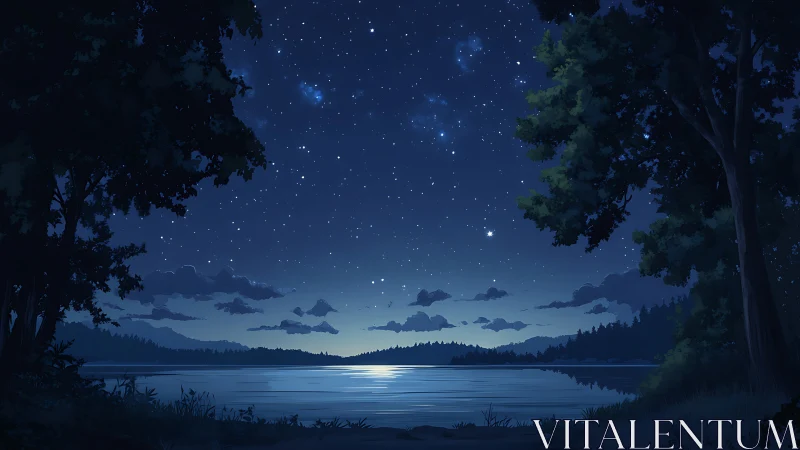 Nighttime lake landscape is shown under a dense star field