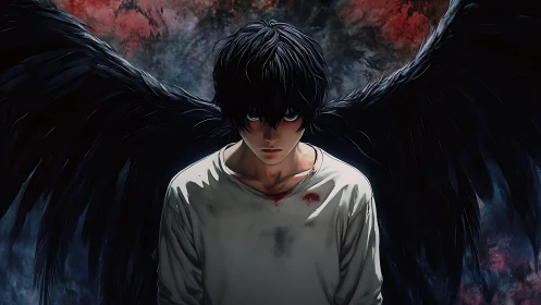 Dark fallen angel stares forward with bloodstained shirt