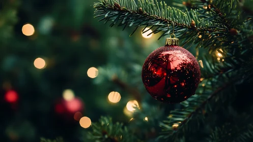 Red glass ornament hangs from evergreen branch in focus