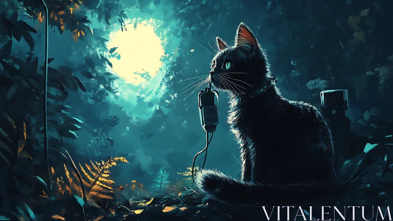 Black Cat in Neon Forest Gazing Skyward.