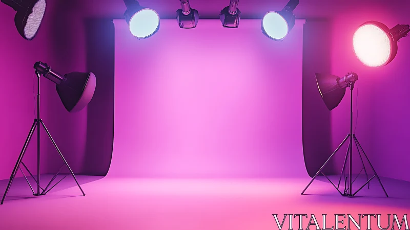 Studio cyclorama with magenta wash lighting and softboxes