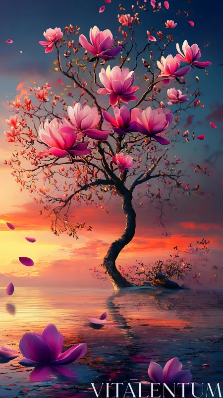 Twisting magnolia tree over sunset-tinted dreamwater.