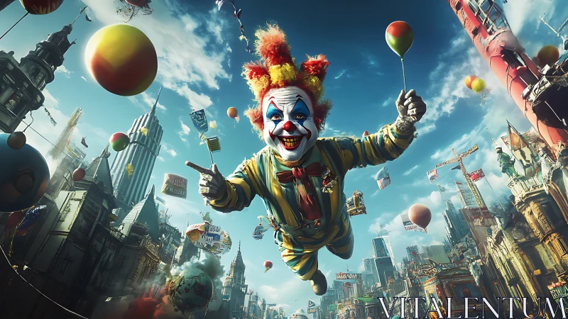 Clown figure floats over dense urban skyline holding balloons