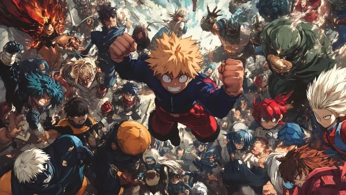 Explosive central hero leading dynamic anime battle charge