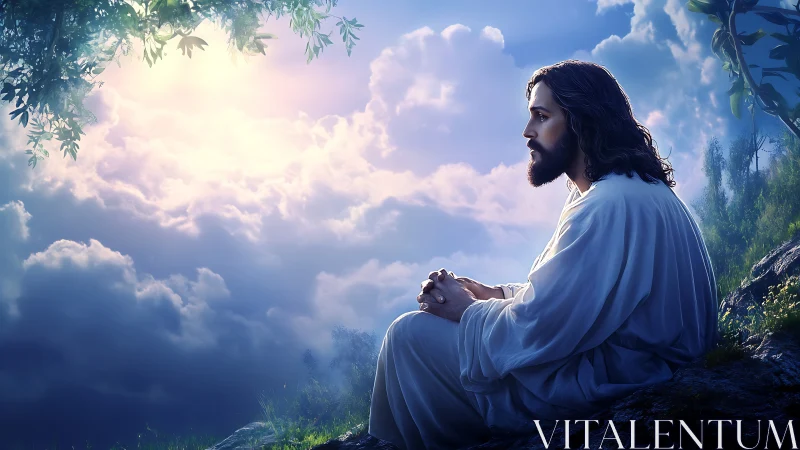 Serene robed figure meditates at dawn above glowing clouds