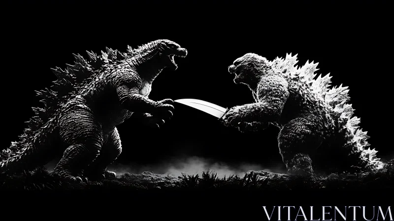 Monochrome kaiju duel with mirrored blade tension.