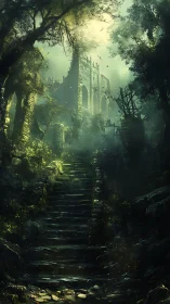 Ancient forest stairway ascends toward ruined citadel gate