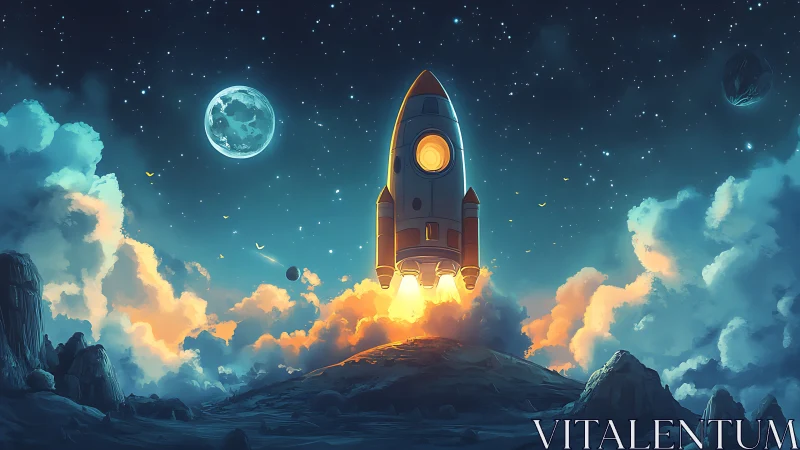 Joyful cartoon rocket lifts off toward a shimmering moonlit sky