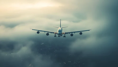 Jet airliner descending through stormy teal-tinted clouds.