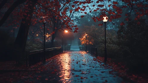 Rain soaked autumn path glows under misty streetlights.