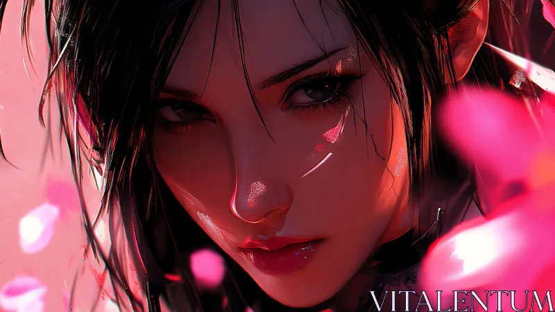 Close portrait of stylized woman amid pink abstract light.