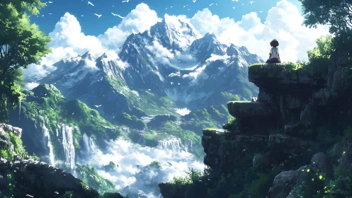 Solitary figure surveys sunlit waterfalls and clouded peaks