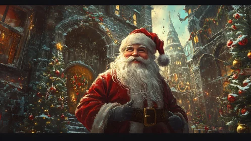 Smiling Santa walks through a glowing, snowlit Christmas street