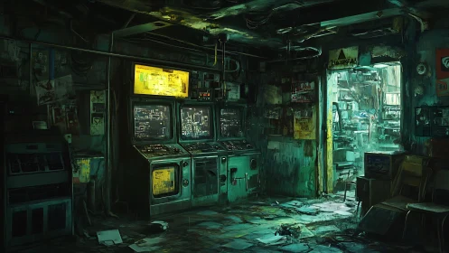 Moody retro control room glowing with secretive green light.