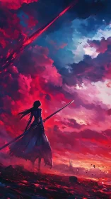 Sword-wielding figure stands under intense red storm sky