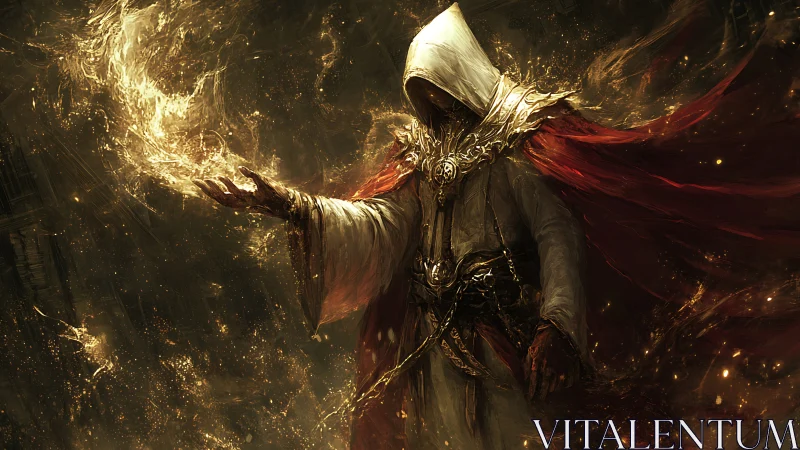 Hooded pyromancer conjuring golden arcane flame in darkness