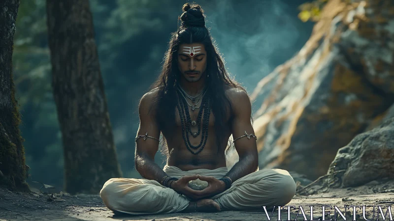 Meditating ascetic in forest clearing under cinematic soft light