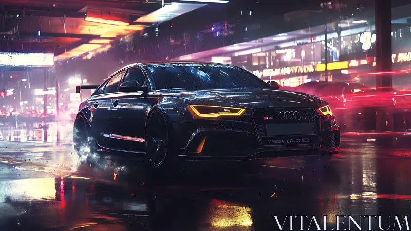 Cyberpunk performance sedan in neon-soaked rain street scene.