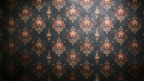 Vintage damask wallpaper glowing in gentle golden light.