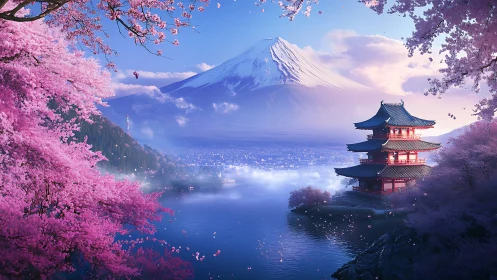 Spring blossoms frame a tranquil lakeside temple at sunrise